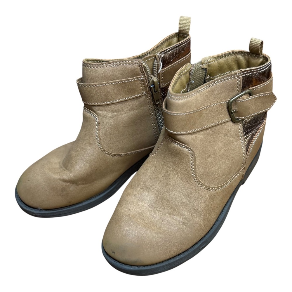 Carter's Kids Girls Tan Faux Leather Ankle Boots Side Zip Buckle Size 1M‎